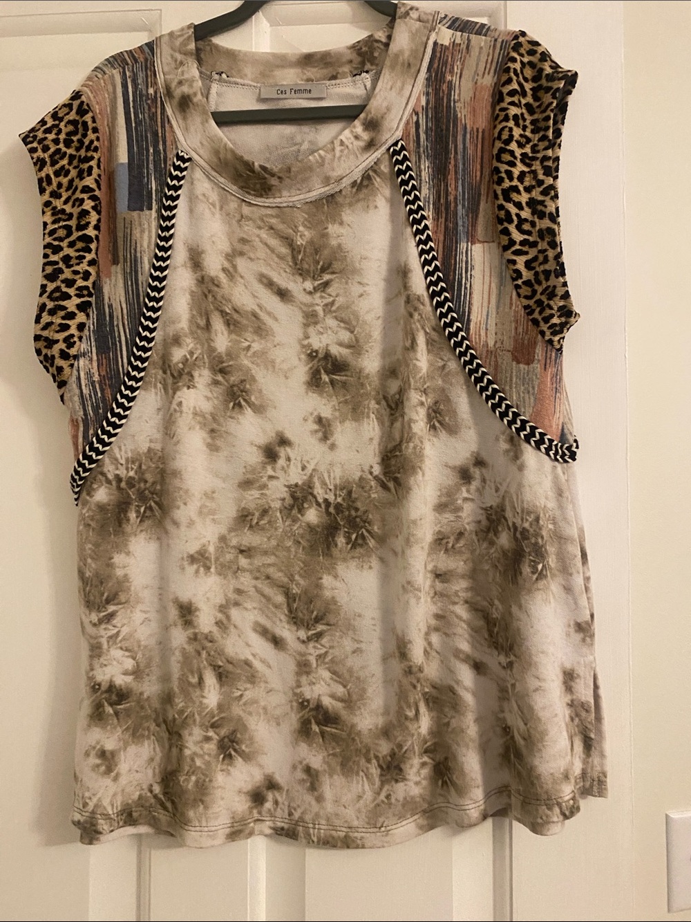 Ces Femme Olive Tie-Dye Tank with Leopard Cap Sleeves and Striped Accents